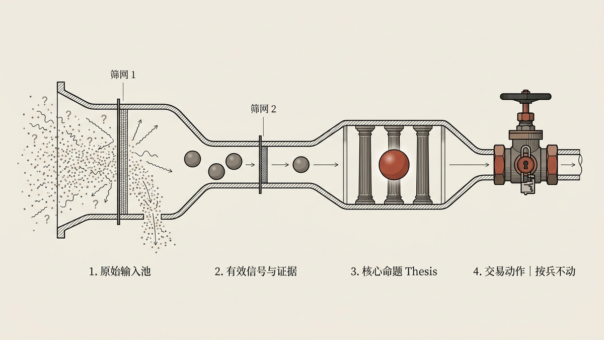 四层信息过滤漏斗架构图:从左至右依次为第一层原始输入池(隔离噪音)、第二层有效信号与证据(甄别信号)、第三层核心命题 Thesis(检验逻辑)、第四层交易动作(审慎执行),层与层之间设有筛网与立柱核验硬闸门。