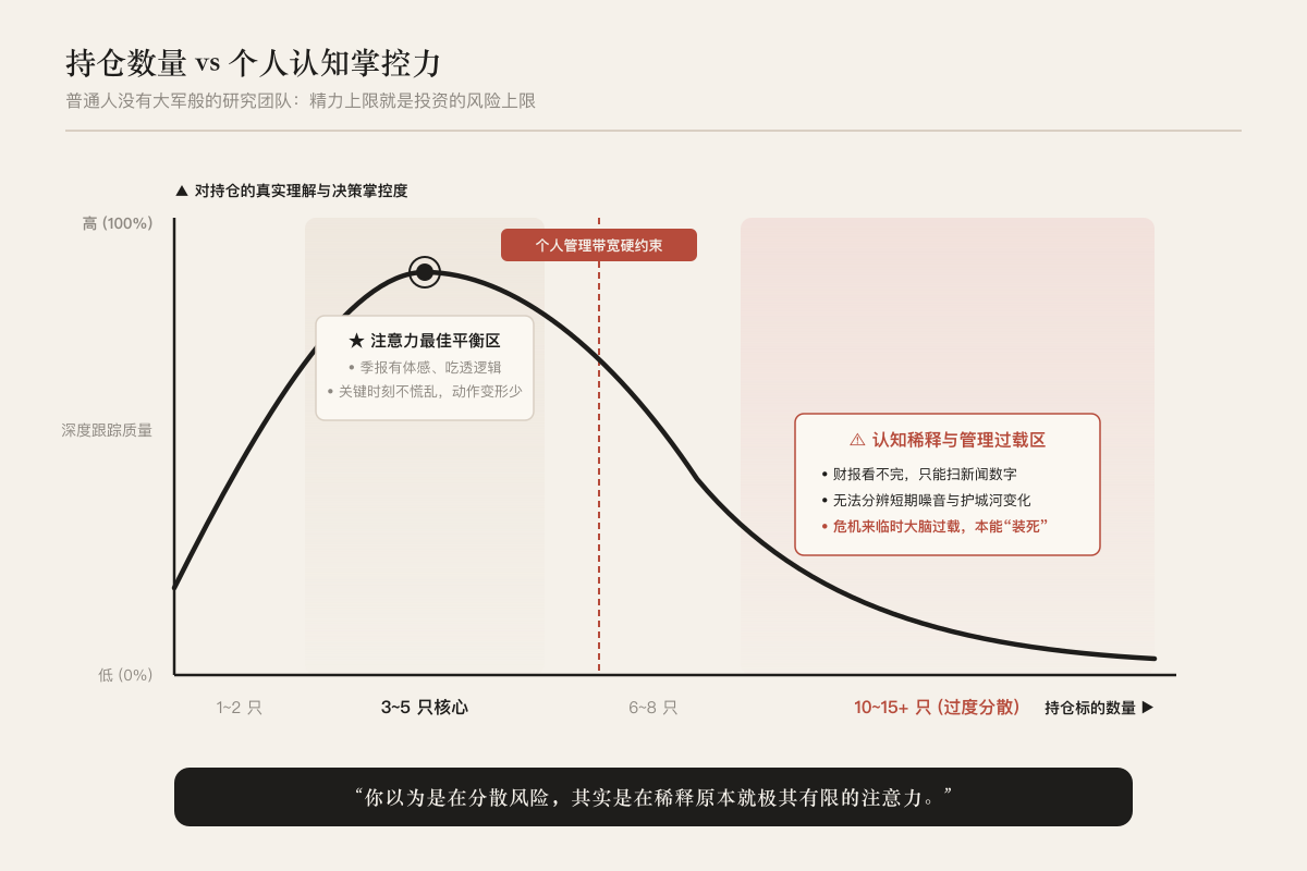 坐标图展示持仓数量与认知掌控质量的关系:横轴为持仓数量,纵轴为掌控度。曲线在3至5只时达到最佳平衡区,超过8只后掌控力快速下降,标注持仓过多将导致注意力稀释与管理过载。